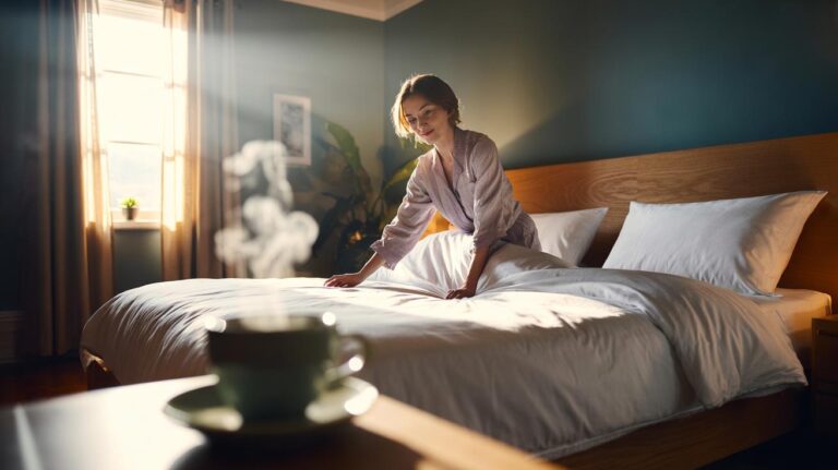 Illustration of a person making their bed in the morning while a coffee cup sits unused on the bedside table
