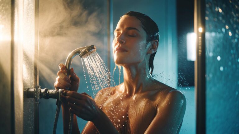 Illustration of ending a shower with 20 seconds of cold water to boost mood for more than four hours