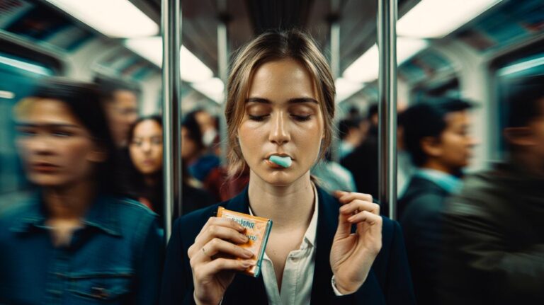 Illustration of a person chewing gum to cue the brain’s safety response during a stressful situation