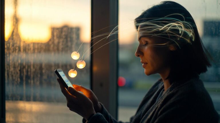 Illustration of a person sending a daily three-item gratitude text message that helps rewire the brain for happiness in two weeks