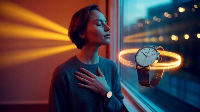 Illustration of the 90-second rule: a person watching a 90-second countdown on a stopwatch and practicing slow breathing as an intense emotion subsides