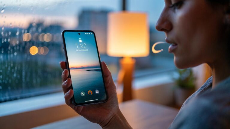 Illustration of a smartphone home screen displaying a calming nature photo used as a visual cue to prompt a brief breath and reduce stress at each unlock