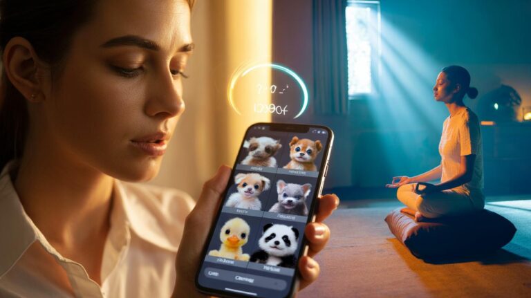 Illustration of a side-by-side scene showing a person viewing cute animal photos on a smartphone for 30 seconds and a person meditating, highlighting a faster cortisol drop with the images.