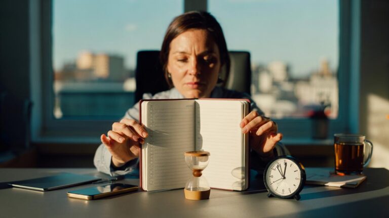 Illustration of a person scheduling a daily “worry time” in a notebook with a timer, symbolising a calmer mind throughout the day